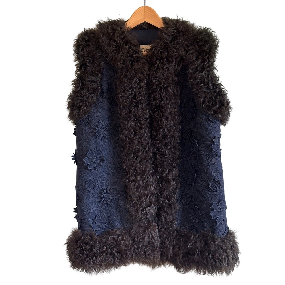 NEW Sea New York Blue & Brown‎ Lamb Fur Embroidered Floral Lace Vest Small
